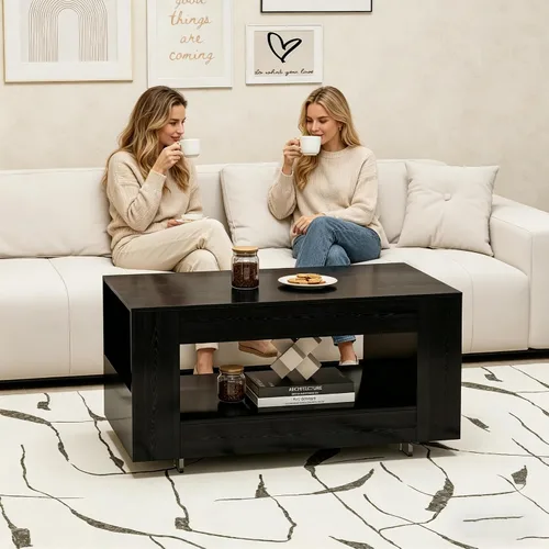 Miniatura 3 de Mesa de centro de grano de madera con estante abierto, mesa de cóctel moderna de alto brillo para sala de estar, dormitorio, oficina
