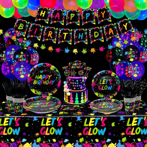 225 piezas de suministros de fiesta de neón brillante, globo, pancarta de cumpleaños en la oscuridad, guirnaldas, decoración de pastel, mantel,