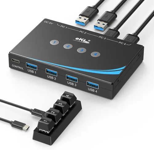 eKL interruptor USB 3.0 para compartir periféricos entre 4 computadoras, interruptor USB de 4 puertos para compartir ratón, teclado, escáner,