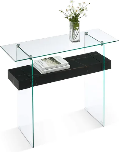 ivinta Mesa de arrimo de cristal con almacenamiento, mesa de sofá moderna de 39.4" para sala de estar, vestíbulo, pasillo, dormitorio 5101 (Negro)