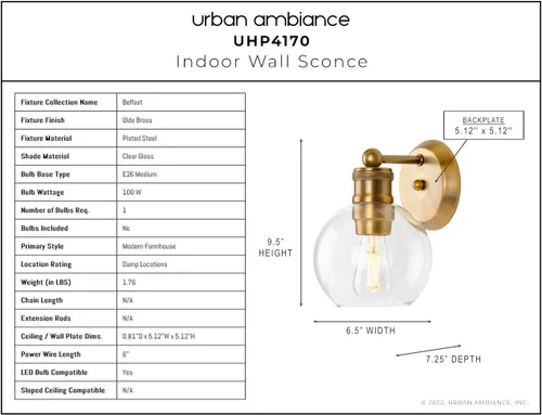 Miniatura 3 de Urban Ambiance Aplique de pared vintage de lujo, tamaño pequeño: 9.5 pulgadas de alto x 6.5 pulgadas de ancho, con elementos de estilo americano