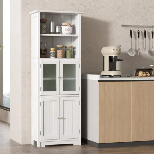 Miniatura 8 de COSTWAY Armario alto de almacenamiento para baño, armario de despensa de cocina independiente con puertas de vidrio y estante ajustable, gabinete