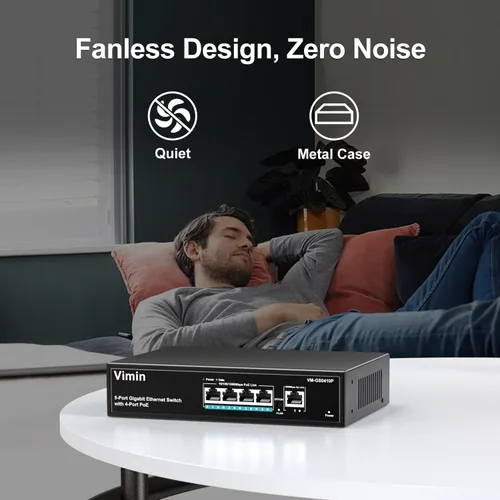 Miniatura 7 de Switch PoE Gigabit de 4 puertos con 1 puerto Gigabit de enlace ascendente, conmutador PoE Ethernet no administrado de 5 puertos VIMIN
