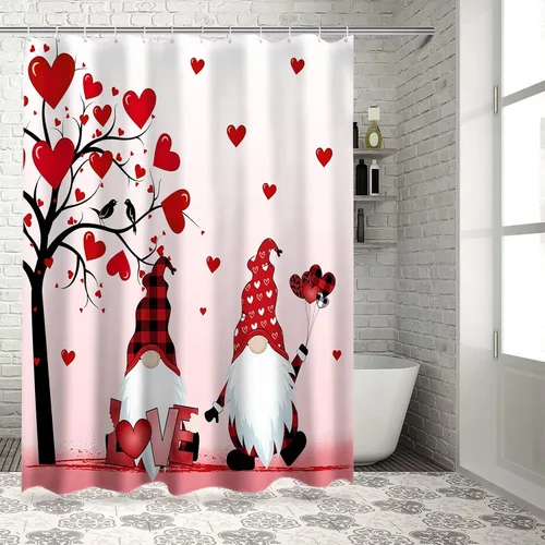 Miniatura 3 de cortina de ducha de gnomos del día de San Valentín, cortina de ducha rosa con corazones de amor para decoración de baño, juegos de cortinas de ducha