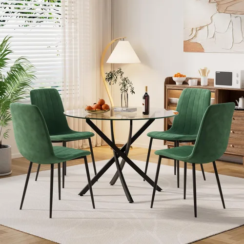 Miniatura 20 de Moderno juego de mesa redonda de vidrio para 4, 36 pulgadas, pequeña base negra de vidrio templado con 4 sillas de comedor minimalistas beige, juego