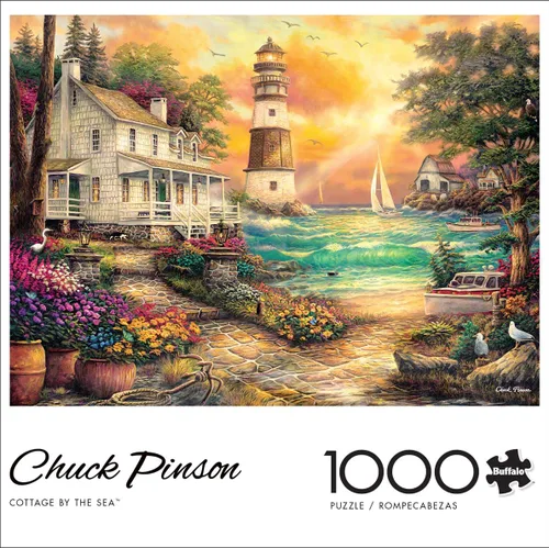 Buffalo Games - Chuck Pinson - Cottage by the Sea - Rompecabezas de 1000 piezas para adultos, rompecabezas de faro sereno con póster, rompecabezas