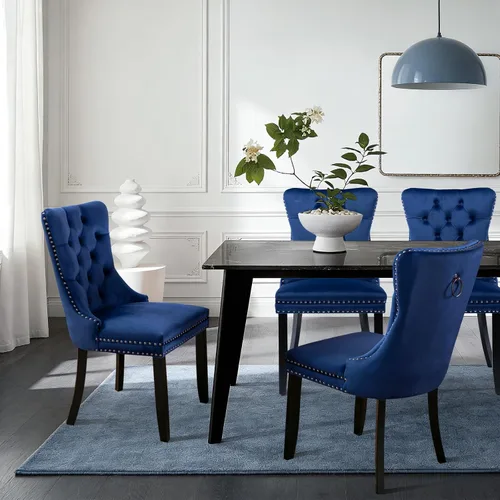 Miniatura 2 de SoarFlash Juego de 6 sillas de comedor de terciopelo, silla lateral de respaldo alto, silla lateral tapizada moderna de alta gama con capitoné y Azul