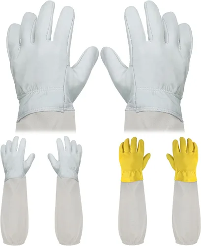 ANPHSIN 2 pares de guantes largos de piel de cabra para apicultores, guantes de cuero protegidos, suministros de apicultura, blanco/amarillo