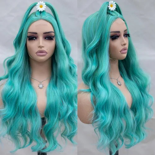 Miniatura 4 de Pelucas de encaje frontal de color azul y verde, pelucas de ondas sueltas para mujeres de moda, resistentes al calor, pelucas rizadas naturales