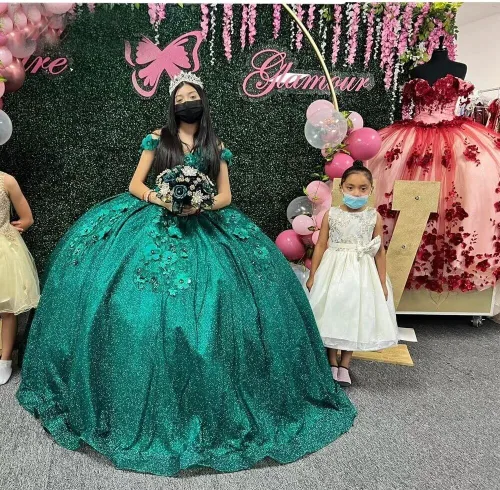 Miniatura 27 de Ftupza Preciosos vestidos de quinceañera florales 3D vestidos de tul hinchados para mujeres fuera del hombro vestido de fiesta largo FFtu09