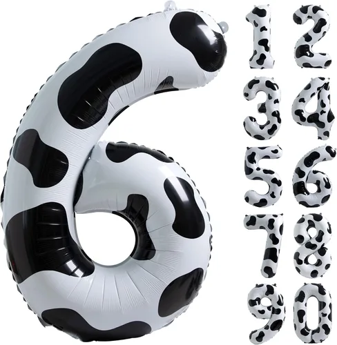 Miniatura 9 de Suministros de decoración de cumpleaños de globos con estampado de vaca, globo número 0 de 40 pulgadas, decoraciones de fiesta de cumpleaños