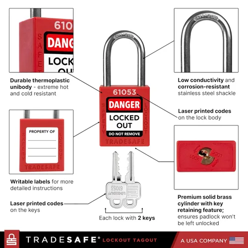 Miniatura 5 de TRADESAFE Juego de cerraduras de bloqueo - 7 candados iguales con llave roja, 2 llaves por cerradura, cerraduras Loto compatibles con OSHA