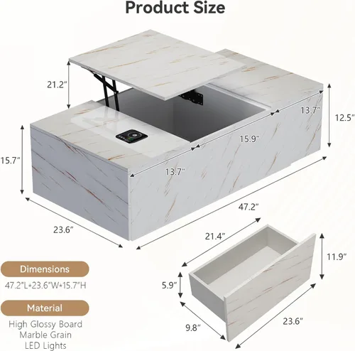 Miniatura 2 de Mesa de Centro LED Moderna de 47" con 2 Cajones, Mesa Central de Doble Capa de Alto Brillo con Carga Inalámbrica y Altavoz Bluetooth Integrado, Mesa