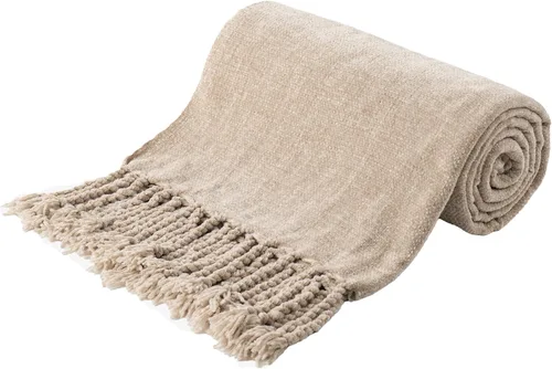 BATTILO HOME Manta de Chenille Beige para Sofá, Manta Decorativa con Flecos Aterciopelados Color Caqui Tostado para Sofá Decoración del Hogar,