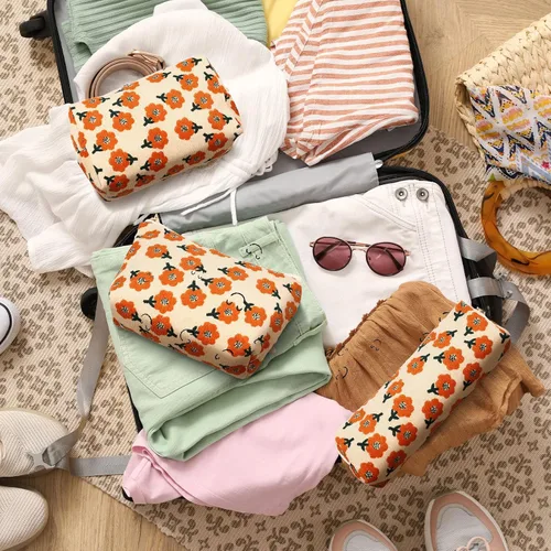 Miniatura 6 de Photect Juego de 3 bolsas de maquillaje floral para bolso, bolsa de lona de pana, pequeña bolsa de cosméticos para mujeres, mini artículos