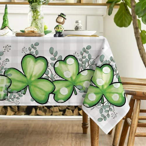 Miniatura 4 de Horaldaily Mantel rectangular del Día de San Patricio de 52 x 70 pulgadas, mantel lavable de eucalipto de trébol a cuadros de búfalo para decoración