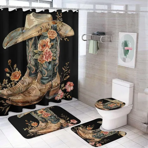 Miniatura 12 de Juego de 4 cortinas de ducha con gorro de bota con alfombras, cubierta para tapa de inodoro y tapete de baño, diseño de vaquero occidental