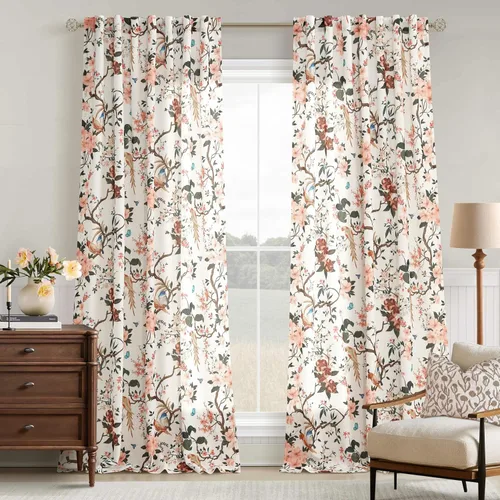 Miniatura 30 de Cortinas de lino florales azules y amarillas, estilo vintage, bohemio, de 63 pulgadas, 2 paneles con pestaña trasera para sala de estar
