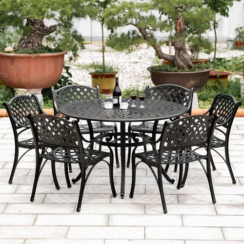 Miniatura 7 de Juego de 2 sillas de comedor de aluminio fundido para exteriores, juego de sillas de bistró para patio con reposabrazos, sillas de comedor