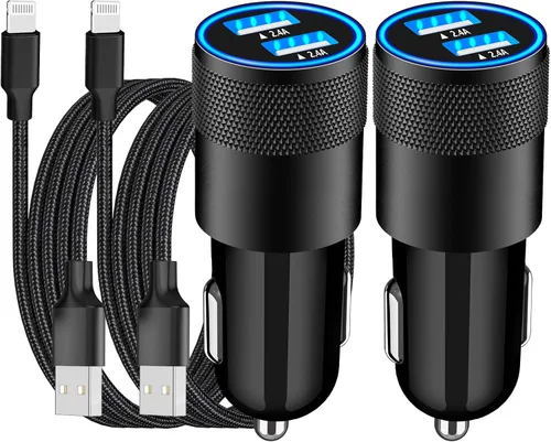 Cargador rápido para automóvil con certificación MFi de Apple, paquete de 2 unidades de 4.8 A, cargador USB dual de 4.8 A, cargador Carplay USB para