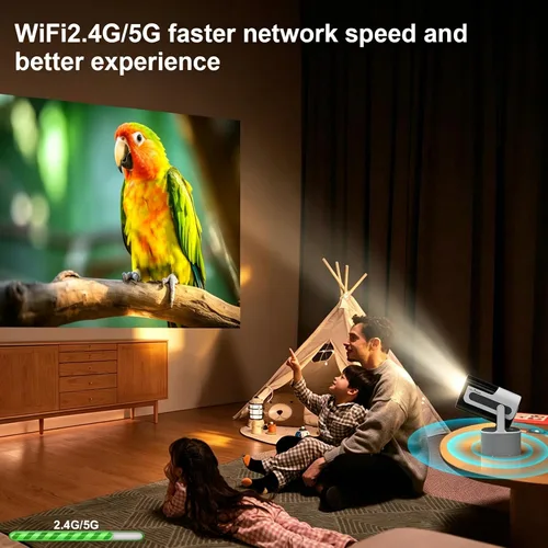 Miniatura 5 de Proyector portátil KTV JY320, mini proyector compatible con 4K con 2 micrófonos inalámbricos, WiFi6, Bluetooth, giratorio de 180°, proyector de cine