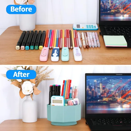 Miniatura 7 de LETURE Organizador de escritorio, soporte para lápices giratorio de 360 grados, 5 compartimentos, organizador de escritorio estacionario, caja