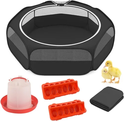 Amakunft Caja de Cría 5 en 1 para Pollitos Pequeños Animales con Estera, Bebedero y Comedero Plegable Tienda de Juego para Pollos y Patos
