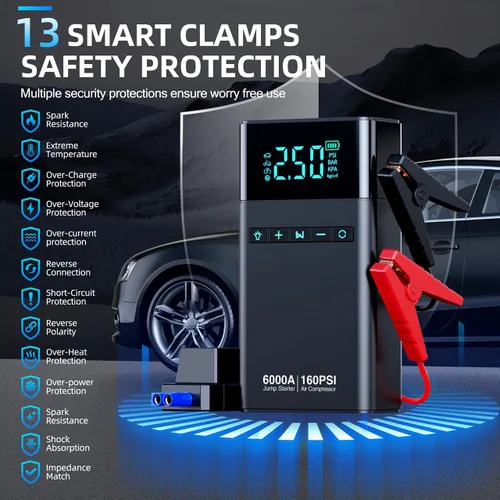 Miniatura 6 de Arrancador de batería portátil para automóvil de 10 en 1 con compresor de aire, arrancador de puente portátil para automóvil de 6000A 160PSI
