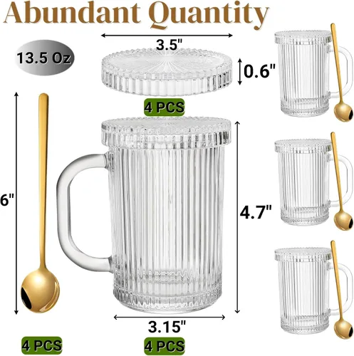 Miniatura 2 de Noamus Paquete de 4 tazas de café de vidrio con tapa y cuchara, taza de té de rayas verticales acanaladas de 13 onzas, juego de cristalería clásica