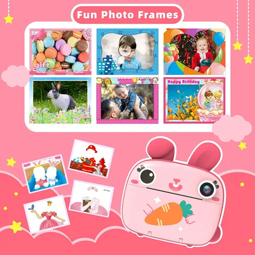 Miniatura 6 de Cámara instantánea para niños, cámara de impresión instantánea de 2.5 K sin tinta, tarjeta de 32 GB, selfie y video de 1080P, regalo de juguete rosa