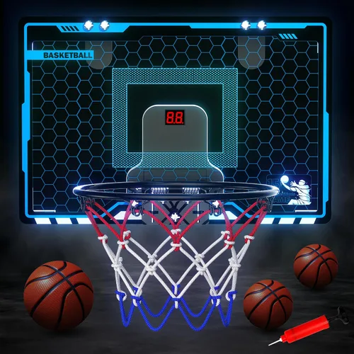 Miniatura 7 de HopeRock Indoor Mini Basketball Hoop for Kids, Basketball Hoops Over The Door with LED Lighting, Mini Hoop with Scoreboard & 3 Balls, Basketball