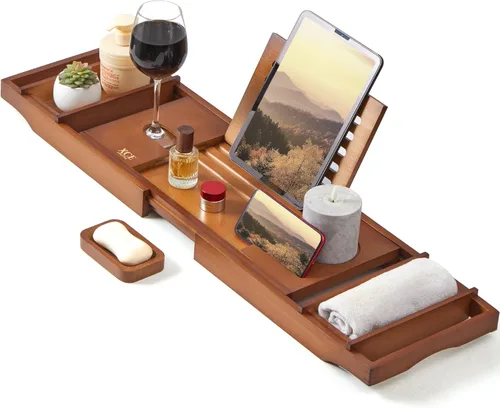 Miniatura 8 de XcE Bandeja de bambú para bañera, expandible hasta 41 pulgadas con soporte para libros, soporte para jabón y almohadillas antideslizantes para spa