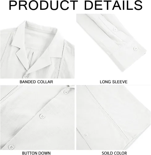 Miniatura 3 de Camisas mexicanas de manga larga para hombre camisas de lino de algodón con botones bordados para boda cubana