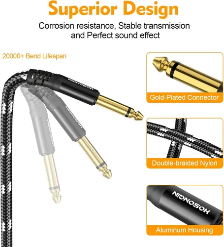 Miniatura 4 de HOSONGIN Paquete de 2 cables de guitarra de 10 pies a 1/4 de pulgada para instrumentos eléctricos, cable AMP para guitarra eléctrica, bajo, Gris