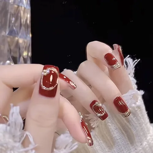 Miniatura 5 de Uñas postizas cuadradas de longitud media, uñas postizas acrílicas artificiales con diseños de diamantes de imitación de perlas rojas, juego de 24
