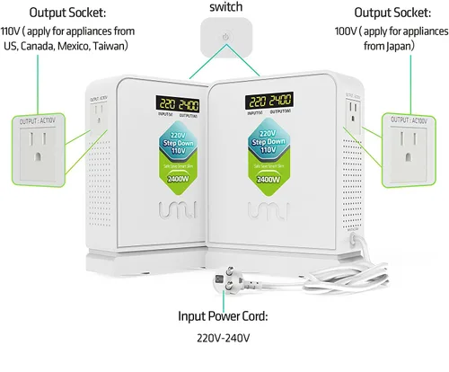 Miniatura 3 de UMI 2400W Convertidor de voltaje de 220 V a 110 V, convertidor de potencia de 220 V a 110 V de servicio pesado con modo automático, convertidor