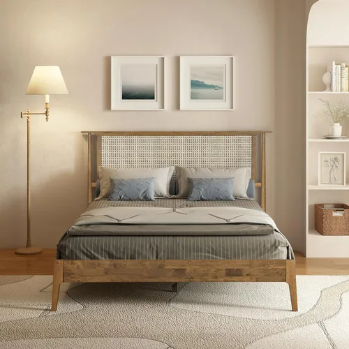 Miniatura 12 de NTC Marco de Cama de Madera Ruby con Cabecero y Ratán Natural, Base de Madera Sólida de Roble/Caucho con Listones Silenciosos, Capacidad de 1000