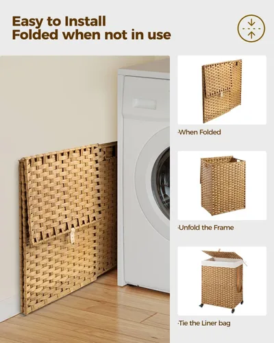 Miniatura 99 de GREENSTELL Cesta para ropa sucia con ruedas y tapa, 130 L, cesta grande de 3 secciones con 2 tipos de bolsas de forro extraíbles, 5 bolsas de malla