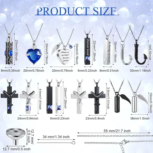 Miniatura 4 de 16 piezas de collar de urna para cenizas, medallón de cenizas talladas de acero inoxidable impermeable con 8 kit de relleno, cilindro de corazón