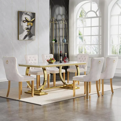 Miniatura 47 de HomVent Juego de mesa de comedor moderna de mármol sintético para 4 personas, mesa de cocina rectangular con 4 sillas beige (dorado)