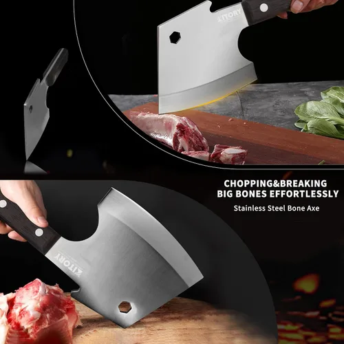 Miniatura 9 de Kitory Cuchilla de carne, cuchillo de corte de huesos resistente, hoja súper gruesa en forma de hachas de espiga completa, rompe huesos, cuchillo