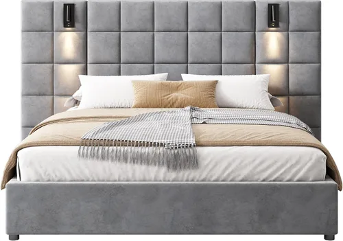 Miniatura 3 de Base de cama tamaño King con cabecero de 46 pulgadas de alto, plataforma tapizada de terciopelo, cabecera de tela suave copetuda, lámparas