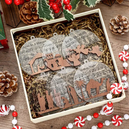 Miniatura 2 de CroBlissful Paquete de 24 Adornos de Escena de la Natividad Navideña Regalos a Granel de Madera Transparente Historia de la Natividad Música Adornos