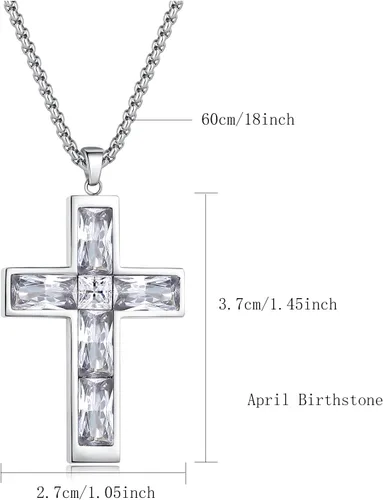 Miniatura 43 de Collar de cruz para hombre, piedras preciosas de color piedra natal de circonita cúbica, collar de acero inoxidable para hombre, cadena de 24