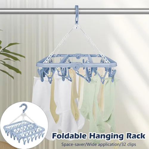Miniatura 7 de Tendedero de ropa con 32 pinzas para la ropa, estantes de secado plegables Bule, gancho giratorio de 360° para secar toallas, sujetadores, ropa