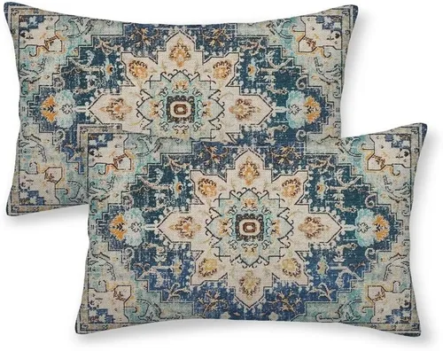 Miniatura 42 de Juego de 2 fundas de almohada bohemias de 16 x 16 pulgadas, color negro y marrón, fundas de almohada con patrón de alfombra étnica rústica, fundas