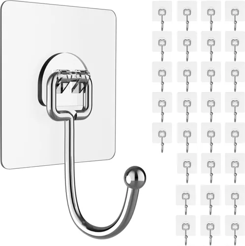 Ganchos adhesivos grandes para colgar, 44 libras (máx.), paquete de 30 unidades, ganchos de pared sin clavos, autoadhesivos, transparentes y