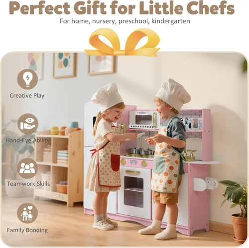 Miniatura 5 de TODEFULL Juego de cocina de madera para niños, modernos juegos de cocina de madera con estufa de cocina, horno, microondas y máquina de hielo