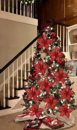 Miniatura 4 de Briful Flores de Pascua de Navidad de 7.5 pulgadas, 10 unidades, flores artificiales con purpurina roja, flores grandes para decoración de árbol