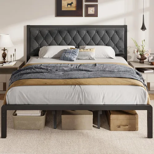 Miniatura 8 de Fluest Base de cama individual con cabecero, tapizada en cuero PU, marco de plataforma con soporte de listones metálicos, con espacio de Negro